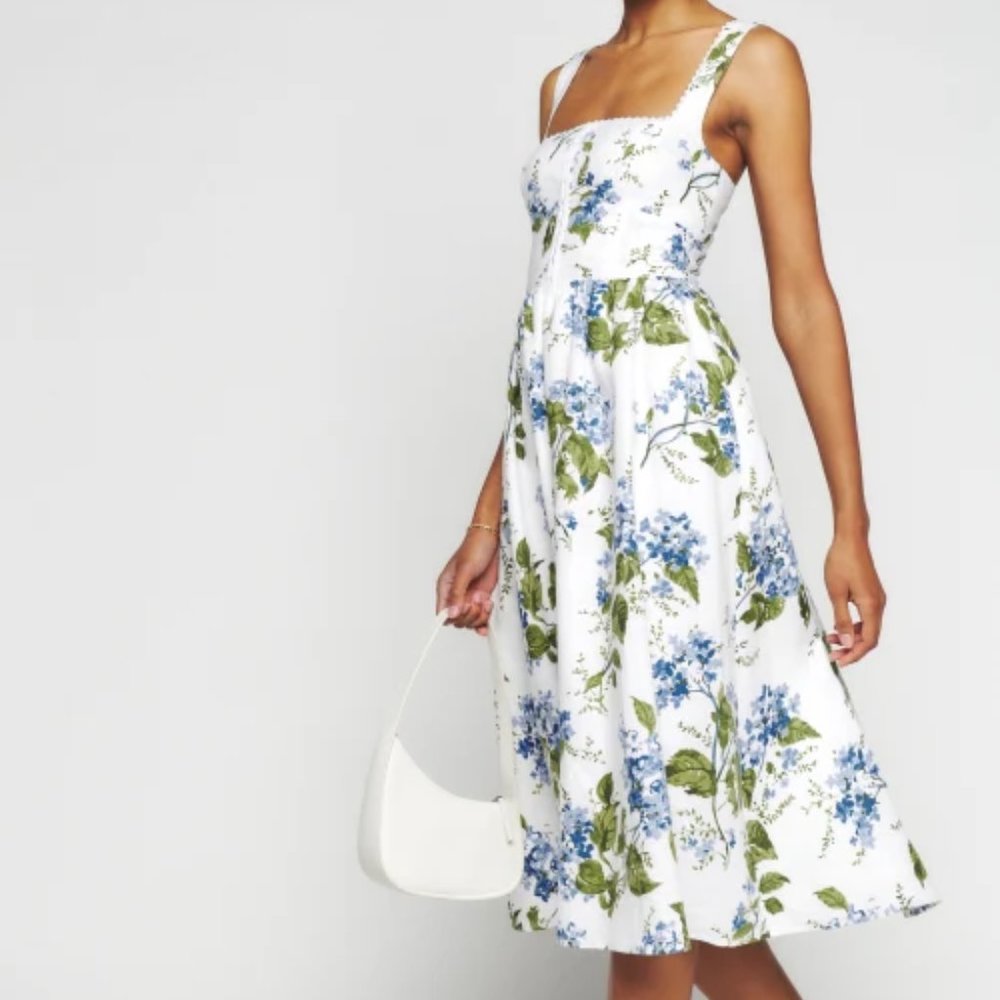 Reformation Tagliatelle Linen Dress in Riviera White Blue Floral Sleeveless Midi